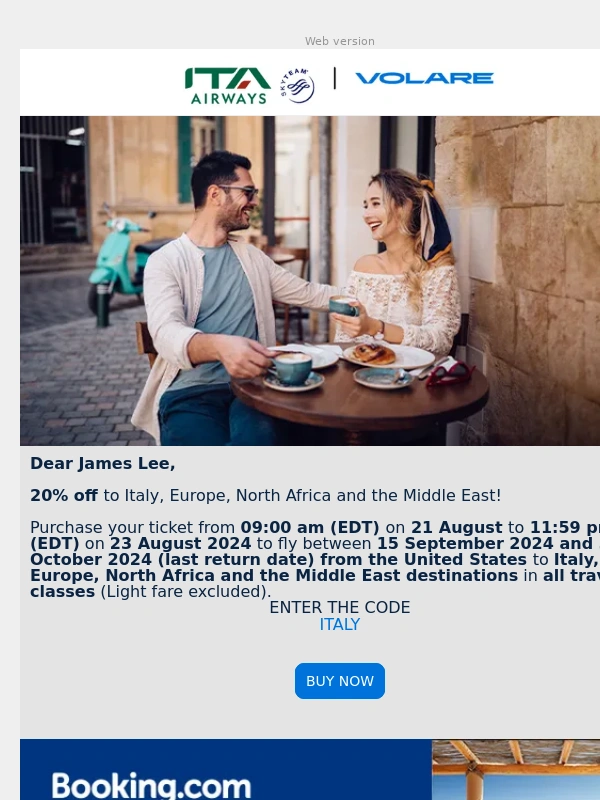 Ita Airways - 20% off to Italy,Europe,North Africa and the Middle East