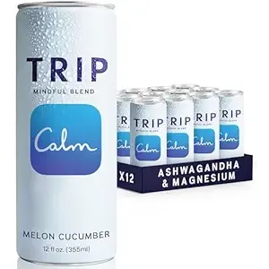 Trip Mindful Blend, Lightly Sparkling Adaptogen Seltzer, Mocktail w/ 120mg Magnesium Citrate with Ashwagandha, Lions Mane & L Theanine, No Added Sugar, Vegan, Melon Cucumber, 12 Oz, 12Pk
