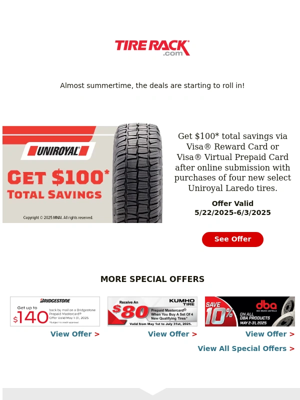 Tire Rack - Why Wait for Memorial Day? Save $100 on Select Uniroyal Laredo Tires