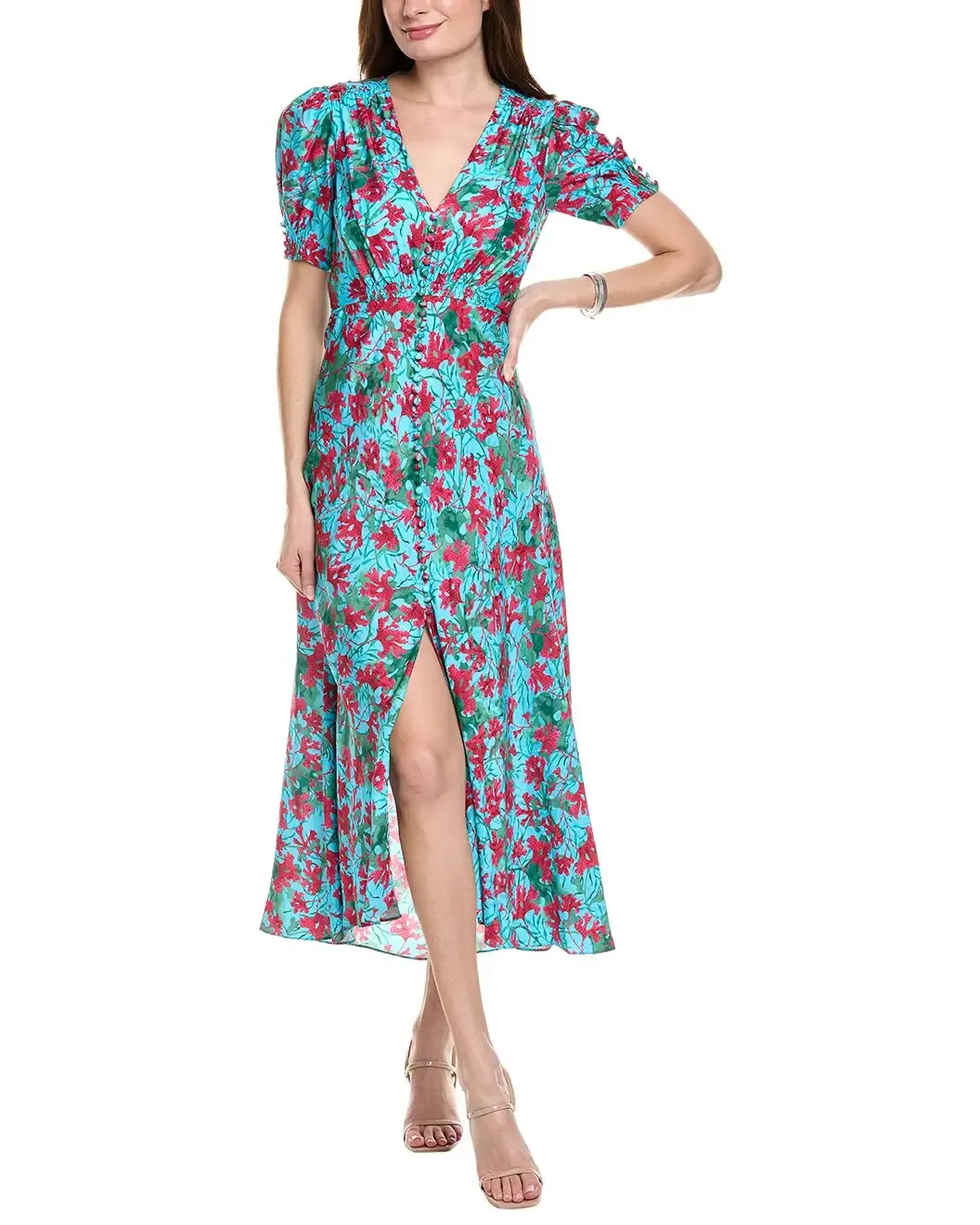 Saloni Stamped Silk Midi Dress