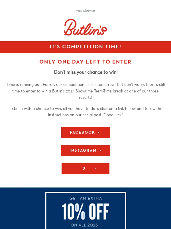Butlins - Last chance to enter our competition,Farrell