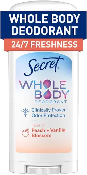 Secret - Whole Body Deodorant Stick, 72 HR Odor Protection, 2.4 oz, Women, Peach & Vanilla Scent