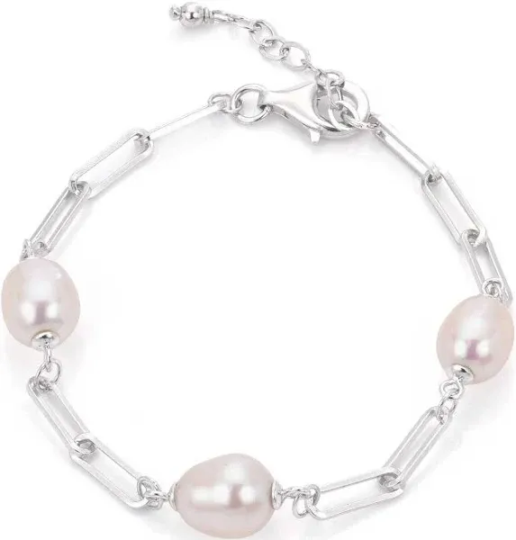 REEDS Sterling Silver Cultured Freshwater Pearl Paperclip Chain Bracelet