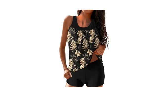 Women Tankini Two Piece Swimsuits Modest Bathing Suit Tropical Graphic Swim Tank Top with Boyshorts Ladies Swimwear