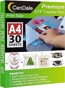 CenDale DTF Transfer Film - A4(8.3" x 11.7") 30 Sheets Double-Sided Matte Clear PreTreat Sheets- PET Heat Transfer Paper for DYI Direct Print on T-Shirts Textile