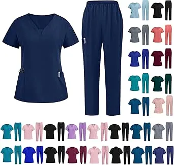 Nursing Scrubs for Women Sets Scrubs for Women Set V Neck Top Drawstring Jogger Pants Two Piece Outfits Medical Scrub Sets Nursing Workwear Todays Daily Deals