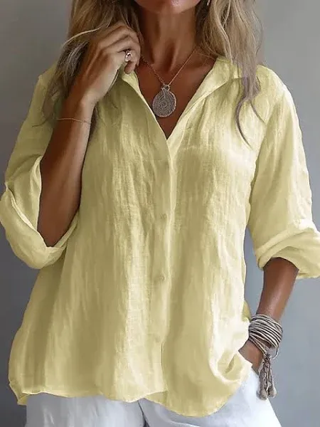 Women's Casual Long Sleeve Cotton Linen Button Up Shirt