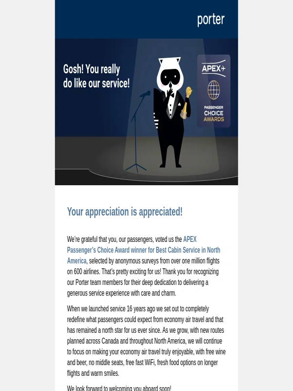 Porter Airlines - Voted Best Cabin Service in North America