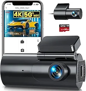 GKU Dash Cam Front and Rear Camera – 4K+1080P Dual Dash Camera for Cars with 64GB SD Card, 5GHz WiFi & App Control, Night Vision, Parking Mode,