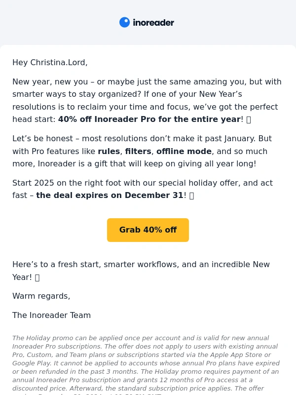 Inoreader - Last chance: Start 2025 with 40% off Pro! ?