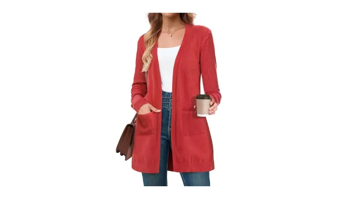 BB&KK Womens Lightweight Cardigan Sweaters Long Sleeve Open Front Casual Winter Long Cardigans Outwear with Pockets Red M