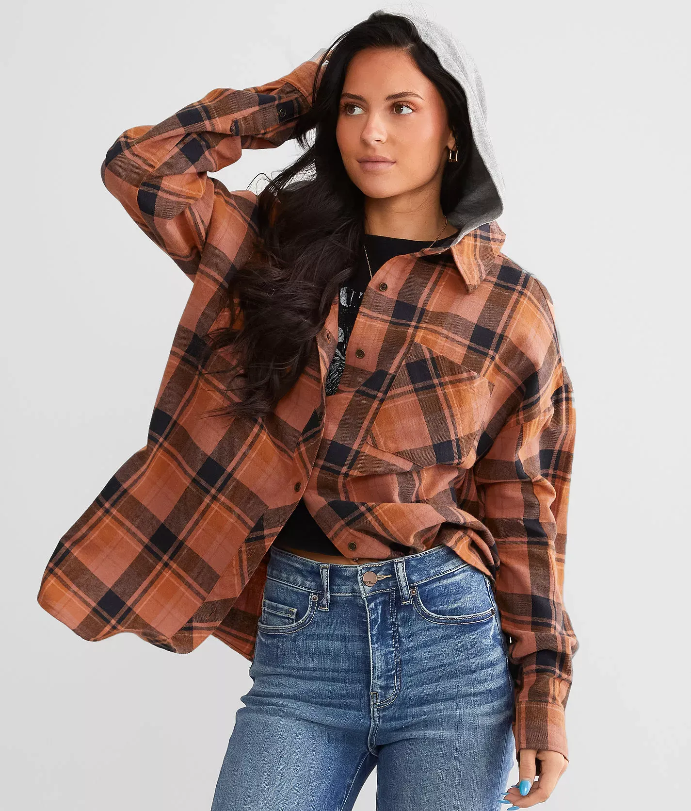 BKE Hooded Boyfriend Flannel Shirt  - female - Size: Small