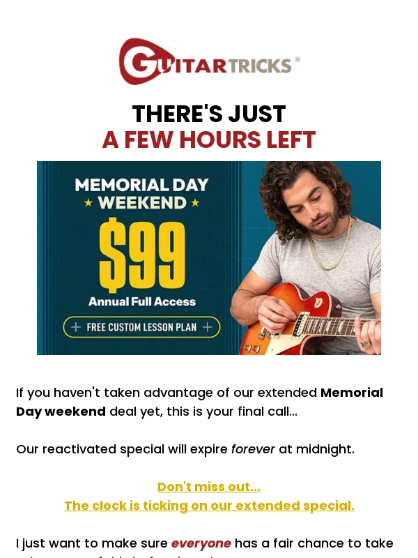 Guitar Tricks - Your second chance ends in just a few hours ?