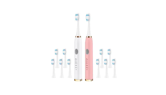 VANTREEGAO Electric Toothbrush 2 Pack, Travel Electric Toothbrush for Adult Includes 10 Replacement Brush Heads, 5 Modes, 2 Hours Charge for 60 Days (White & Pink, 2 Pack)
