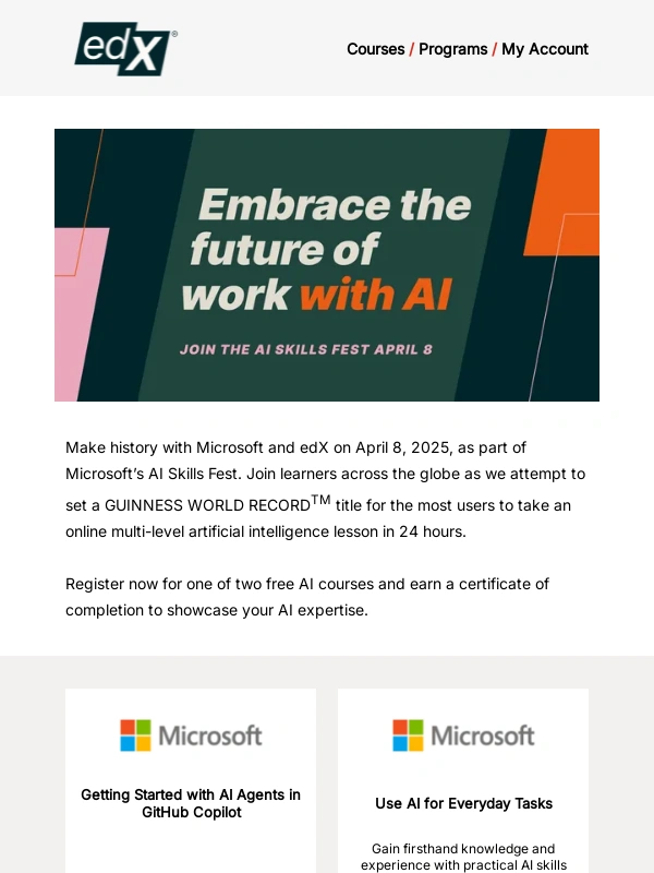 edX - Seats are filling up...secure your spot in Microsoft's free AI Skills Fest today!