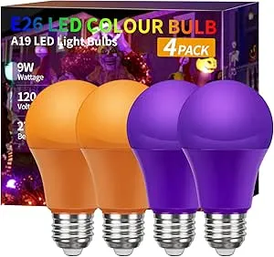 4-Pk Roche Jaune A19 LED Orange and Purple Light Bulbs Outdoor