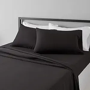Amazon Basics Lightweight Super Soft Easy Care Microfiber 4 Piece Cozy Comfortable Bed Sheet Set with 14-Inch Deep Pockets, Queen, Black, Solid