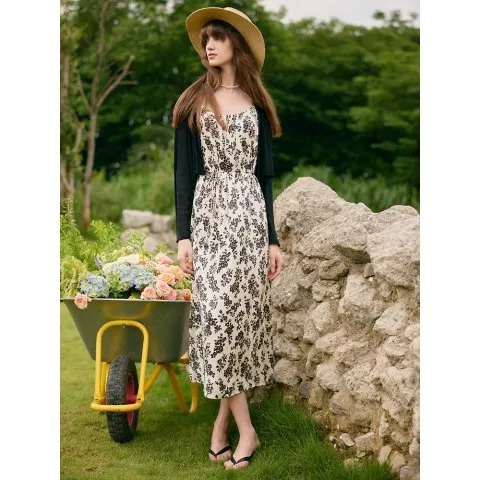 Camellia Print Spaghetti Strap Dress And Knitted Cardigan Two-Piece Set