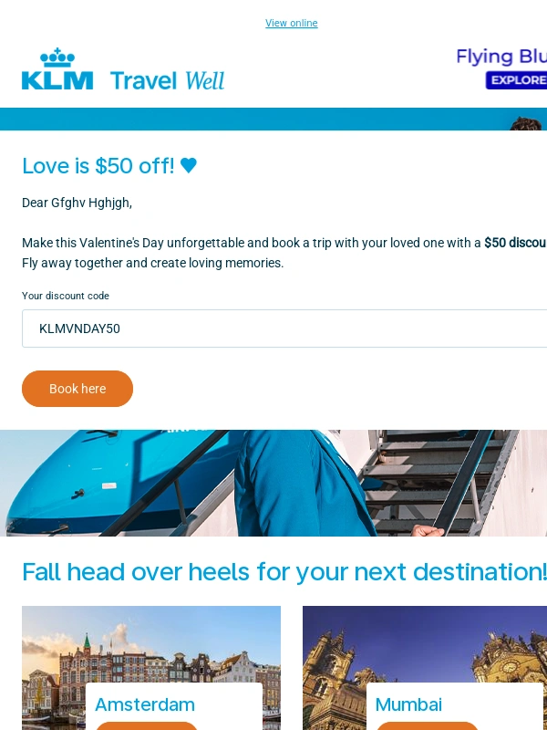 KLM Royal Dutch Airlines - Fall head over heels for our Valentine's deal,GFGHV! ♥️