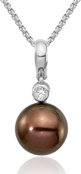 14K White Gold Black Round Tahitian Saltwater Cultured Pearl Diamond Necklace