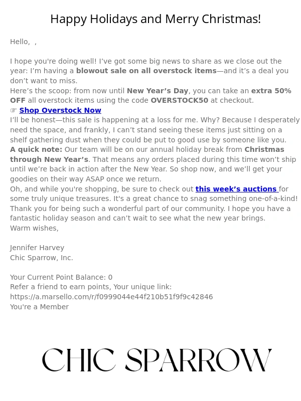 Chic Sparrow - ? Year-End Overstock Blowout – 50% OFF (I Need the Space!)