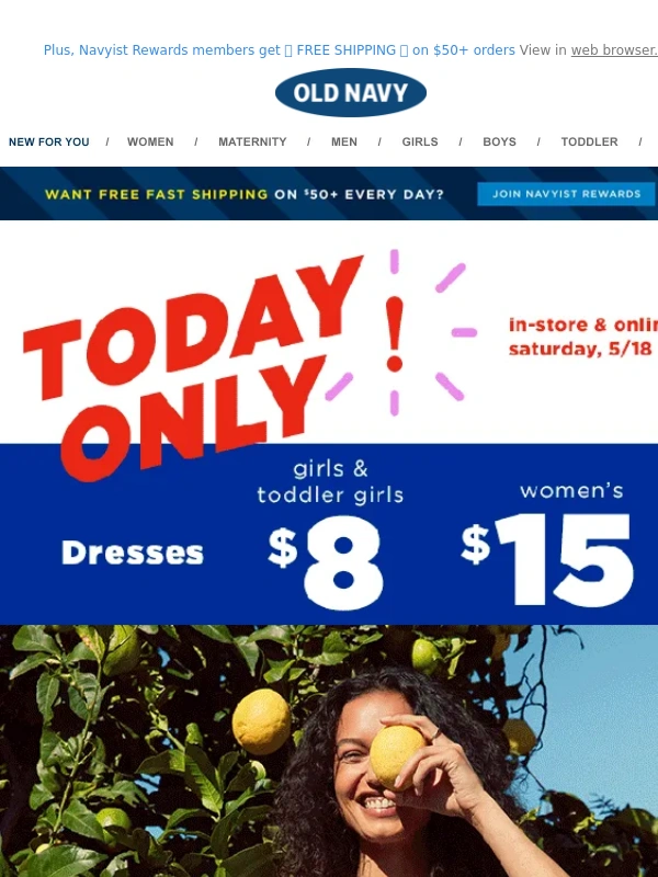 Old Navy - ? $15 dresses today only + 50% off ALL shorts,tees,tanks and swim
