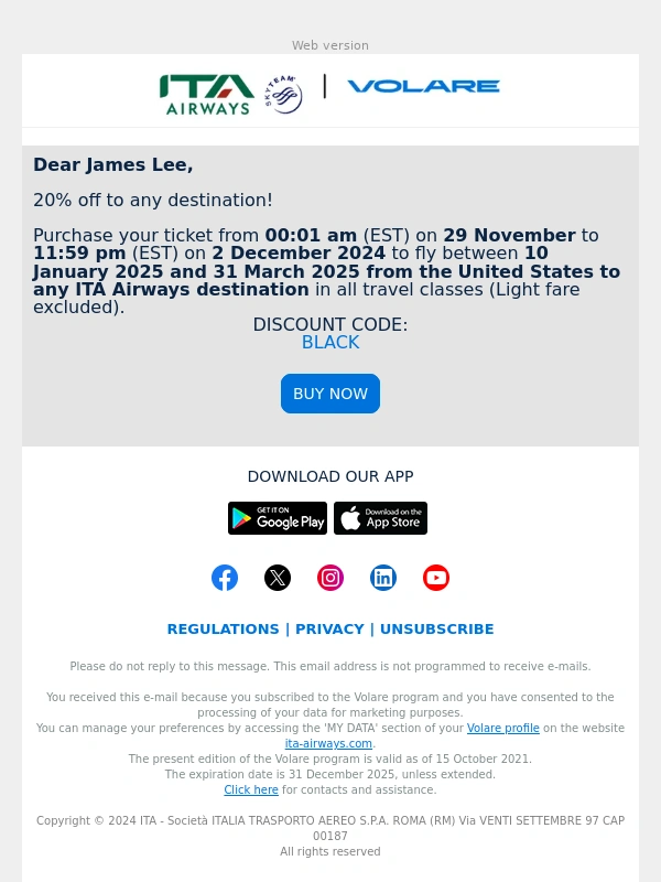 Ita Airways - 20% off Black Friday and Cyber Monday!