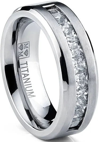 Men's Titanium Princess Cut Cubic Zirconia Wedding Band