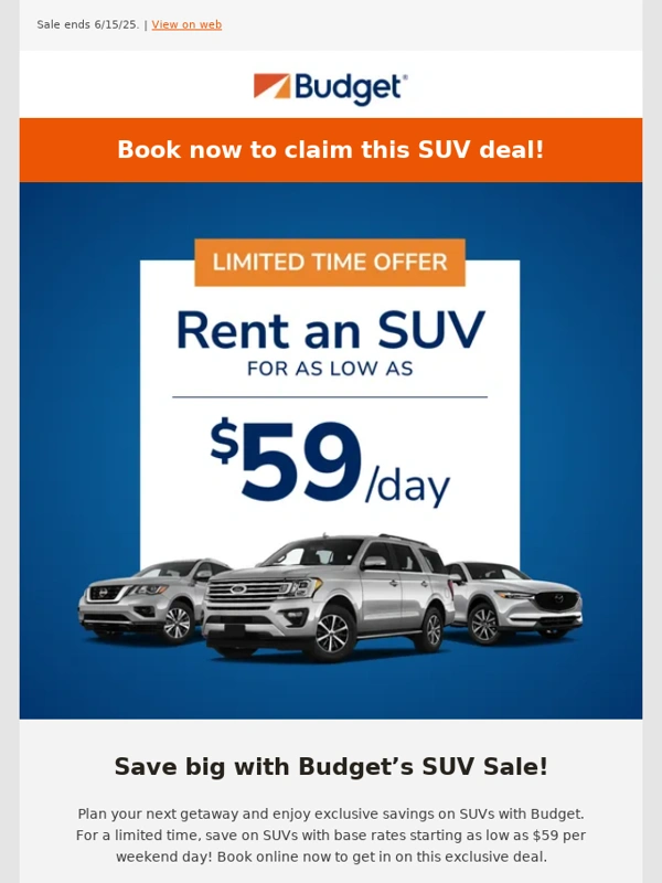 Budget - ⏰ ENDS SOON - SUVs as low as $59 a day!