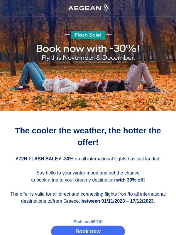 Aegean Airlines - Only few hours left! ?72H FLASH SALE ALERT |  All international flights with 30% off