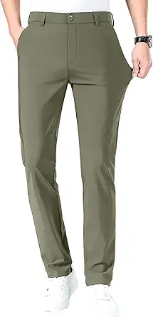 LUSHENUNI Mens Golf Pants Slim High Stretch, Ice Silk Dress Pants with Expandable-Waist Pants
