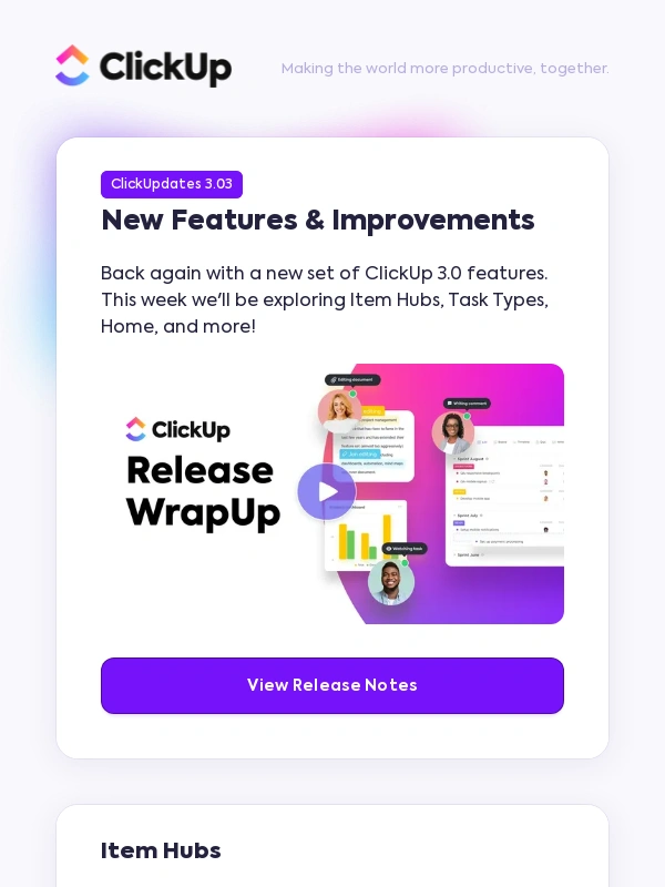 ClickUp - Item Hubs,Task Types,Home,and more