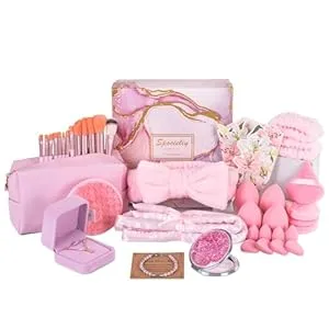 ListenVo Unique Makeup Brush Set Box with Jewelry & Gold Accents for Women Teen Girls,Birthday Gift Box for Girls, Sister ,Mom , Wife, Daughter,Mothers Day,Easter Gifts for Women Teen Girls(Pink)
