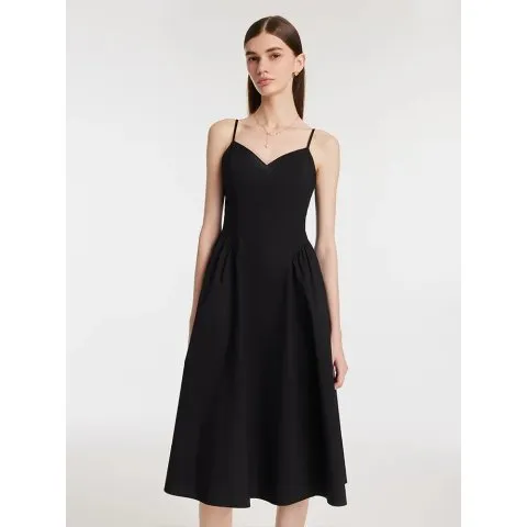 Gathered Waist Spaghetti Strap Women Midi Dress With Detachable Bra Pads