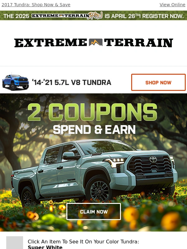 ExtremeTerrain - ⚠ $100 Coupon for Your Super White Tundra!