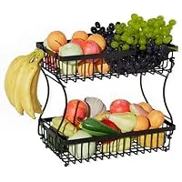 2-Tier Nbwxcwbs Kitchen Storage Countertop Rack with Banana Hanger for Holding Fruit,Vegetables,Snacks (Black)