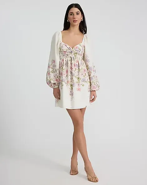Floral Sweetheart Long Sleeve Tie Open Back Mini Fit and Flare Dress