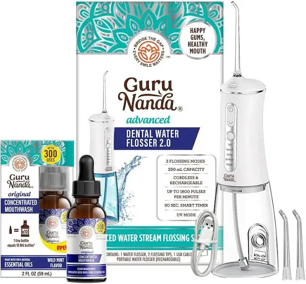 GuruNanda Advanced Water Flosser 2.0 with UV Mode & Concentrated Mouthwash Duo