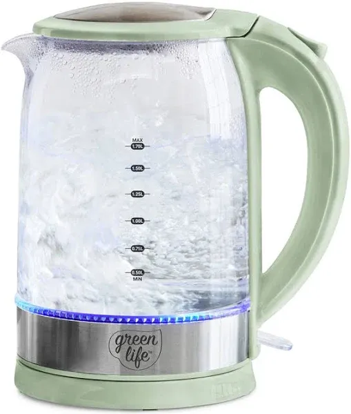 GreenLife 1.7 Liter Glass Electric Kettle Easy One Touch Use Quick Heating