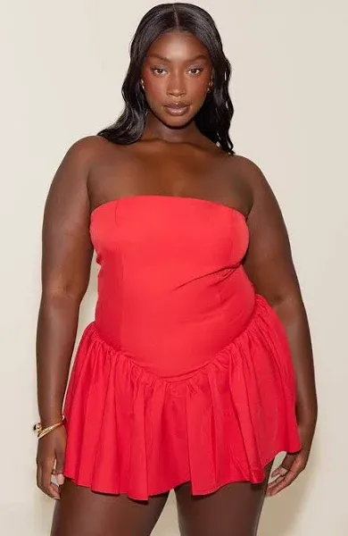 Women's Plus Tomato Red Woven Bandeau Dropped Waist Romper