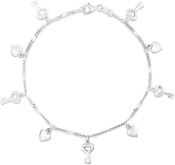 Sterling Silver Key & Hearts Charm Anklet