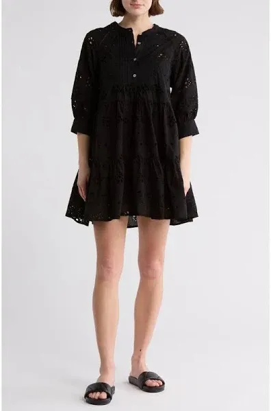 Long Sleeve Eyelet Button-Up Minidress