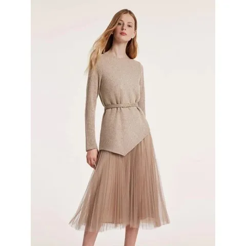 Knitted Sweater And Tulle Skirt With Belt Two-Piece Set