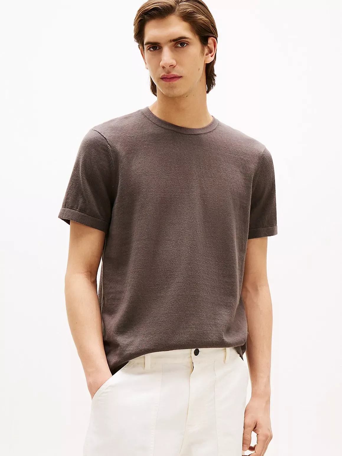 Tommy Hilfiger Men's Cotton-Linen T-Shirt Sweater - Grey -