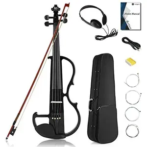 Vangoa Electric Violin Full Size 4/4, Black Silent Electric Violin, Solid Wood Metallic Electric Fiddle with Ebony Fittings, Be.