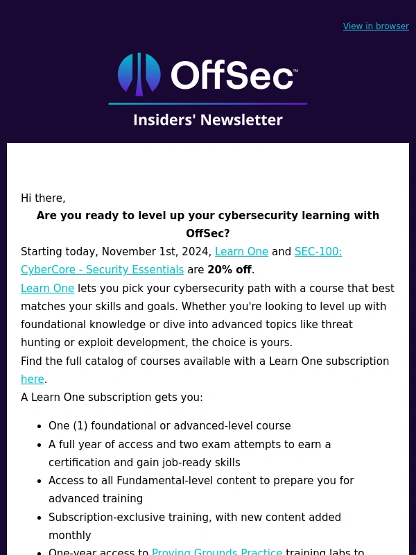 Offensive Security - Save 20% on Learn One and SEC-100!