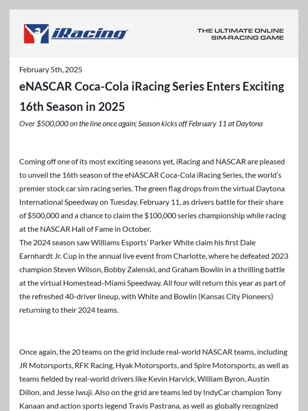 iRacing - ENASCAR Coca-Cola iRacing Series Enters Exciting 16th Season in 2025