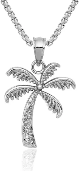 14K Solid Yellow Gold Palm Tree Pendant Necklace