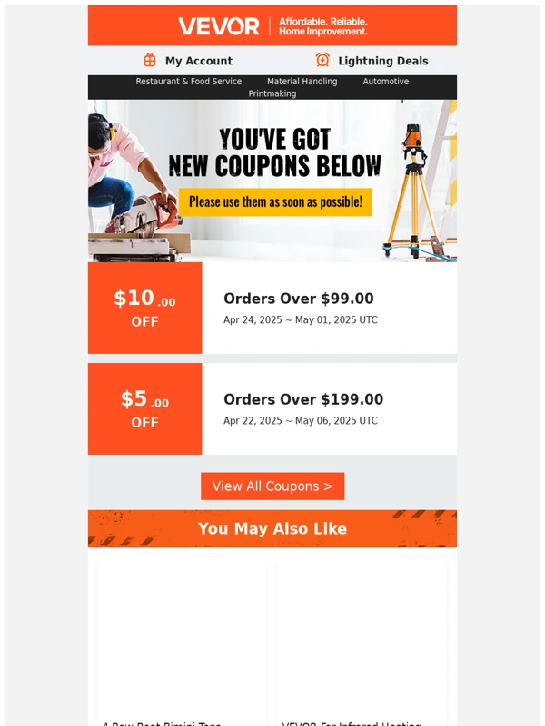 Vevor - Limited time offer: use your new coupons now!
