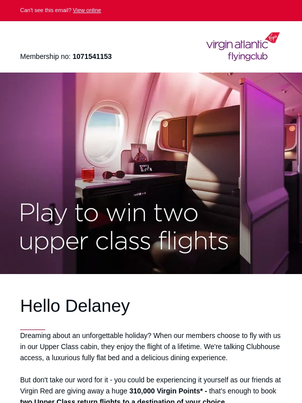 Virgin Atlantic Airlines - Want a chance to win 2x Upper Class return reward seats